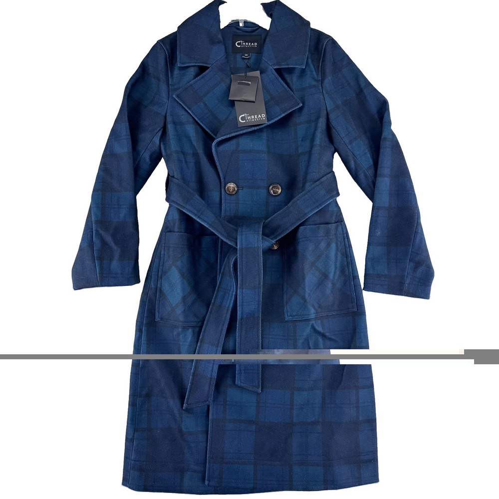 Thread Collective Plaid Trench Coat XXS Navy Blue Plaid